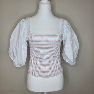 Sokee Collective Smocked‎ Puff Sleeve Top NWT XL Rainbow Stripe Cottagecore